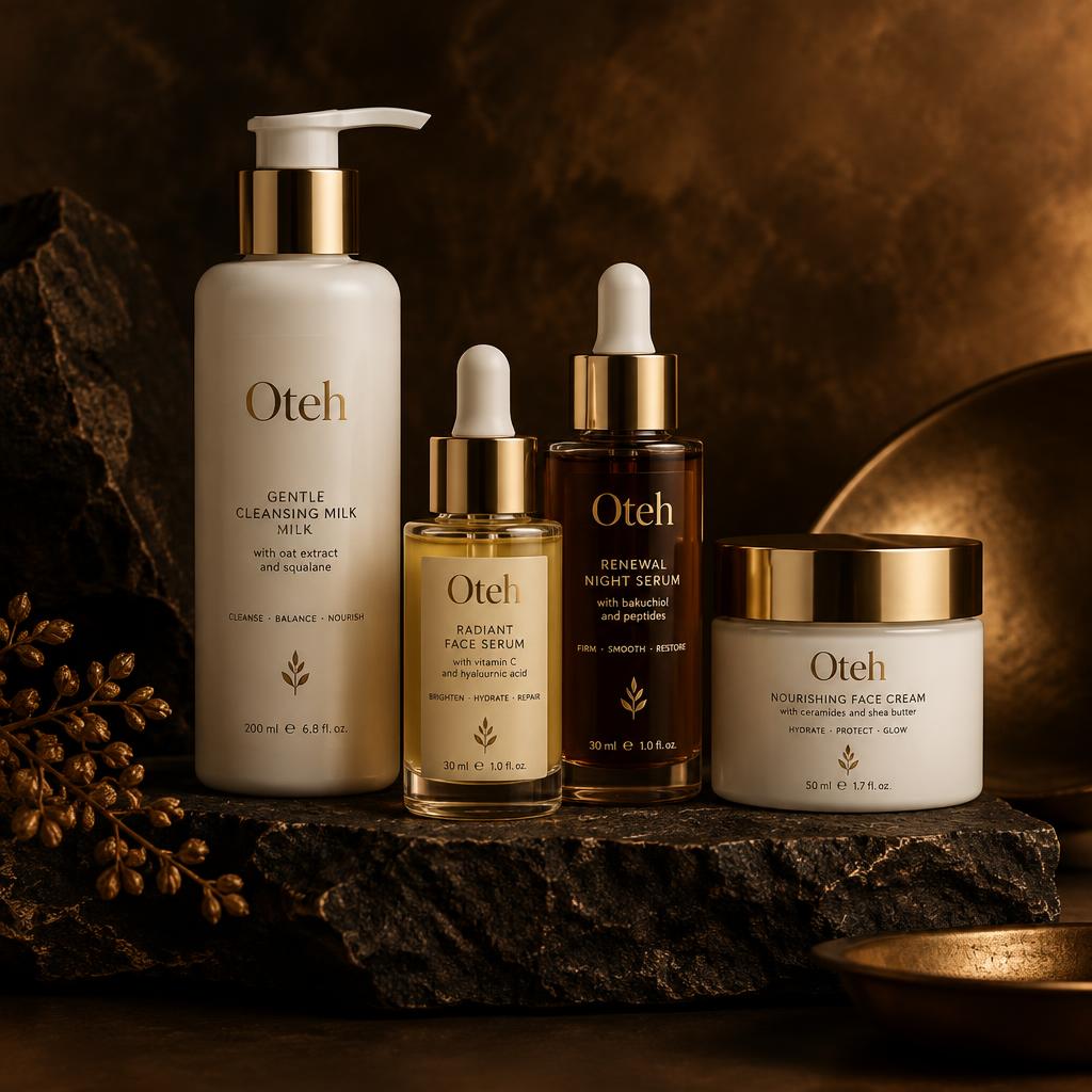 Oteh Diaspora Rich products on dark stone with gold accents
