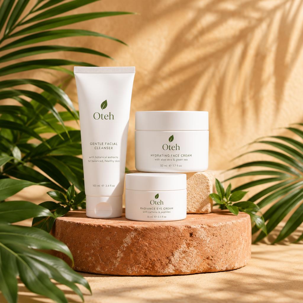 Oteh Tropical Matte products on a terracotta pedestal with palm leaves