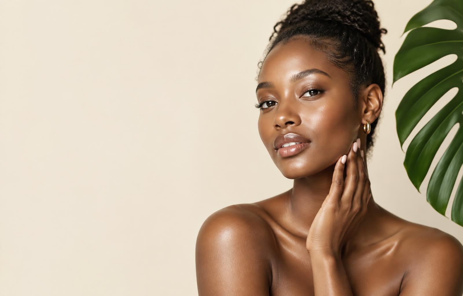Model with radiant, melanin-rich skin beside a green monstera leaf