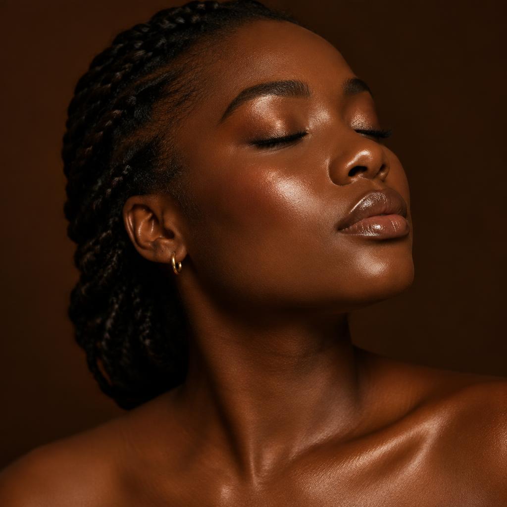 Woman with glowing skin, eyes closed, in warm bronze light